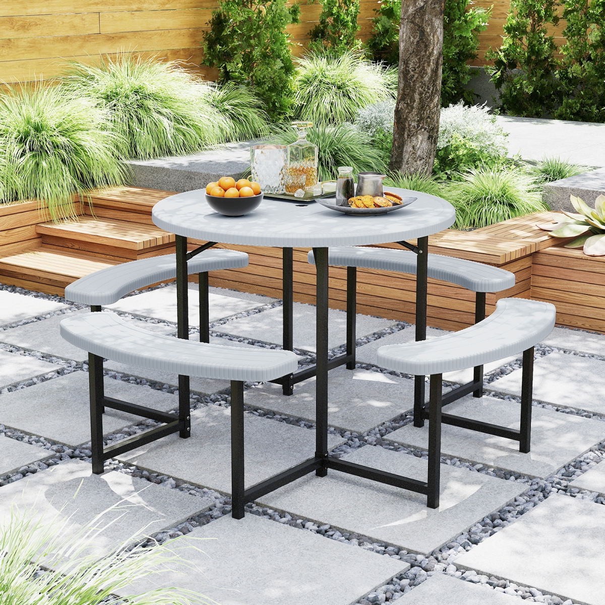 NP12107WH Round Picnic Table Bench Set with 4 Benches & Umbrella Hole for Patio Lawn - White