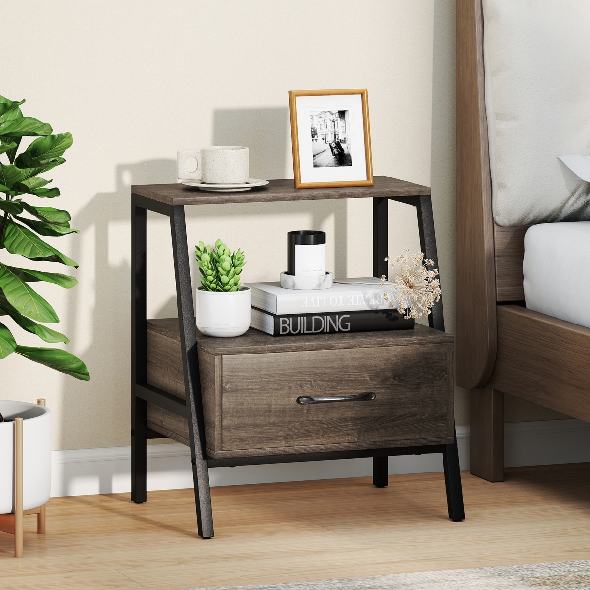 HU11004GR 3-Tier Farmhouse Nightstand with Open Shelf