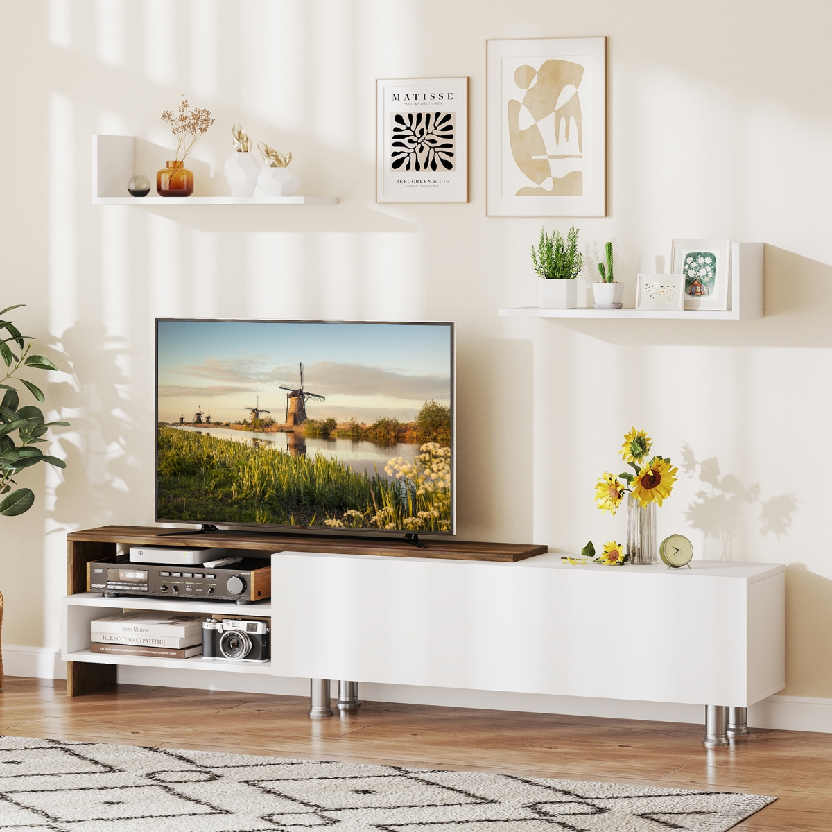 HV10679WH- Farmhouse TV Stand for TVs up to 80 in. with Cabinet & Compartments - White - 3 Piece