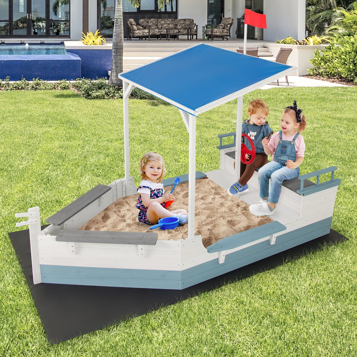 TP10345WH Pirate Ship Sandbox with Canopy with Bench Seats & Bottom Liner - White