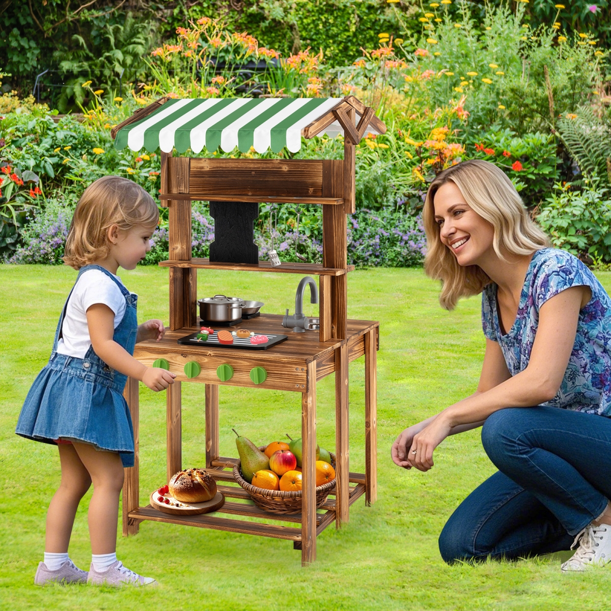 TP10375NA Double-Sided Mud Kitchen with Canopy & Chalkboard for 3 Plus Years Old - Natural