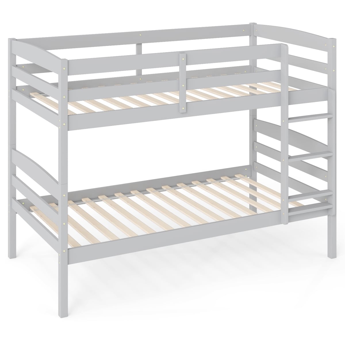 HU10487GR-T Solid Wood Twin Over Twin Bunk Bed Frame with High Guardrails & Integrated Ladder - Gray