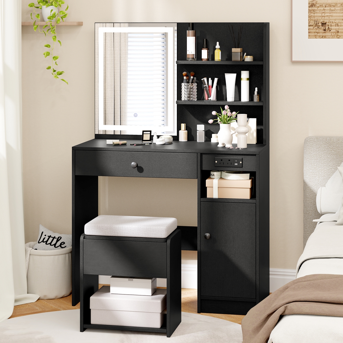 HU10763USDK- Vanity Desk with Mirror & Lights - Black