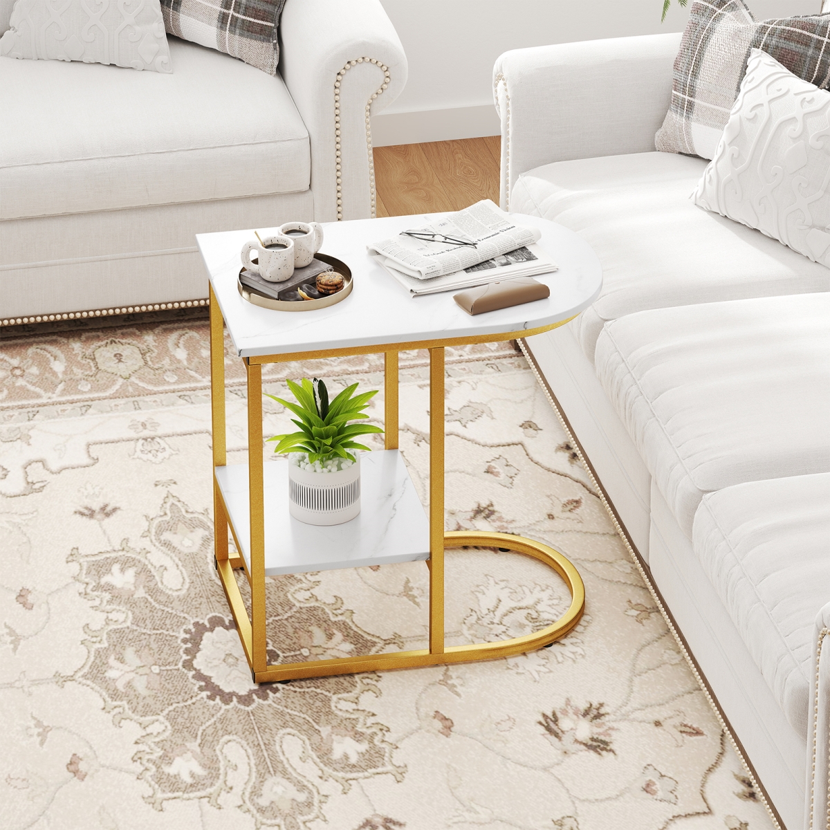 JV11384WH C-Shaped Modern Sofa Side Table with Faux Marble Tabletop & Storage Shelf - White