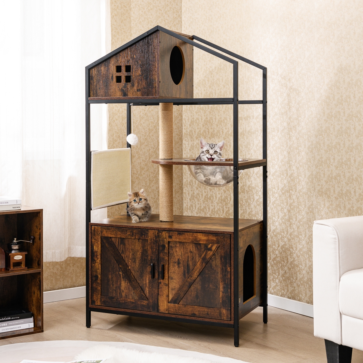 PV10206CF Cat Tree with Litter Box Enclosure Industrial Tower Multi-Level Cat Condo Furniture for Indoor - Rustic Brown