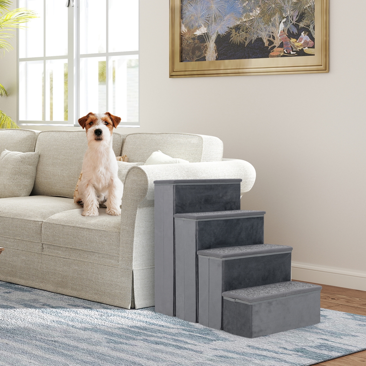 PW10103GR 4-Step Dog Stairs Non-Slip Foldable Dog Ramp with Adjustable Steps - Grey