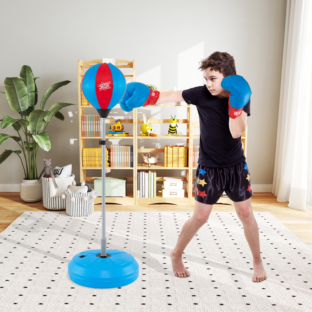 TY579435BL Adjustable Punching Bag with Stand & Boxing Gloves for Both Adults & Kids - Blue
