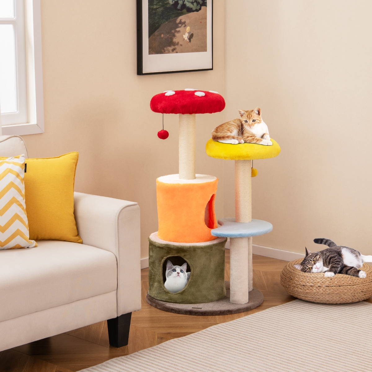PV10267CL 43 in. Tall Cat Tree Cute with 2 Condos & Padded Platforms - Multi Color