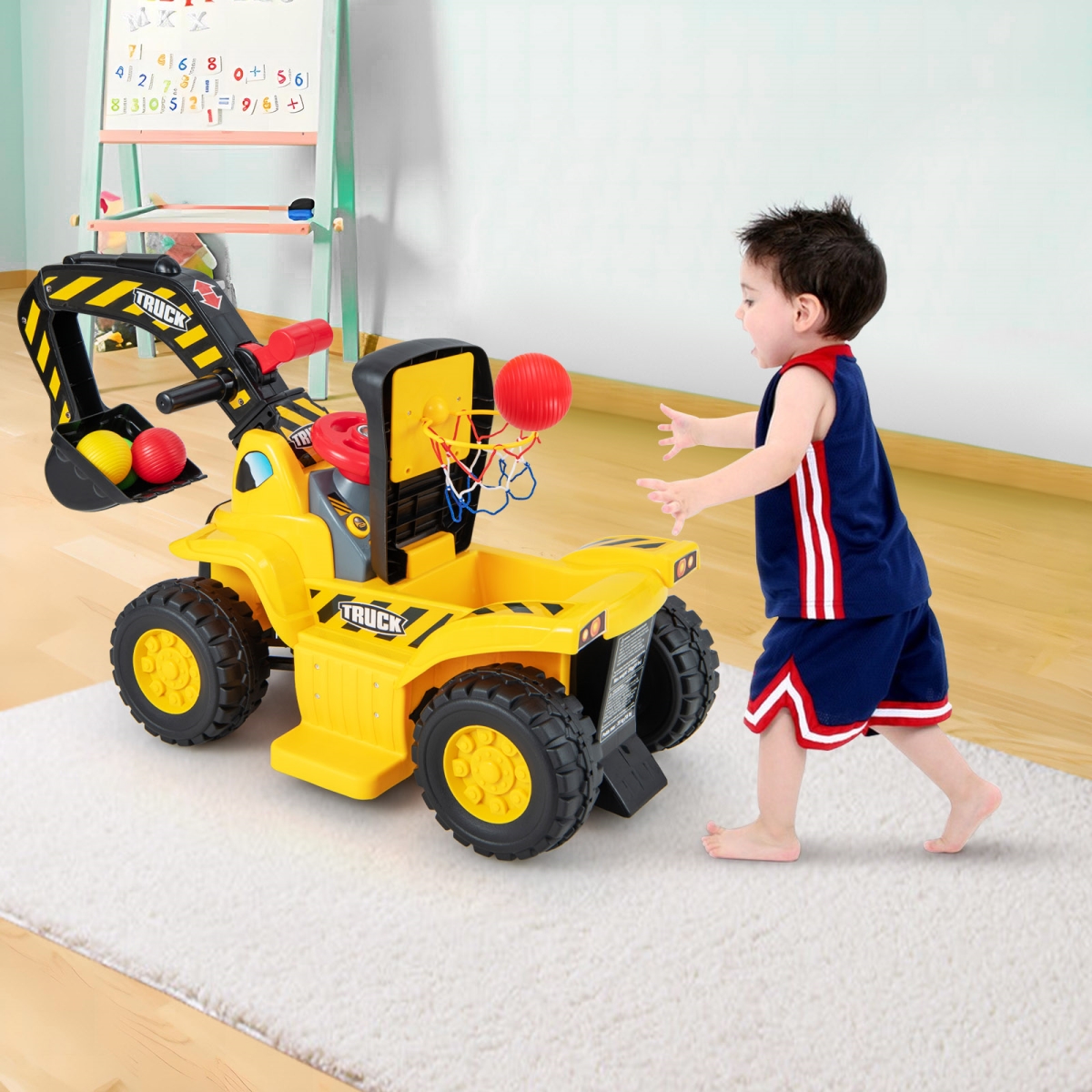 TY343370US 6V Kids Ride On Excavator Fun Digger with Folding Basketball Hoop