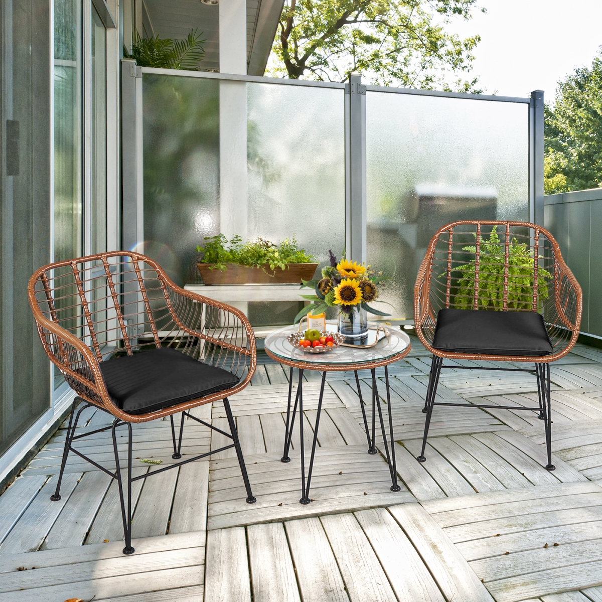 OP70837DK Patio Rattan Bistro Set with Cushion - Black - 3 Piece