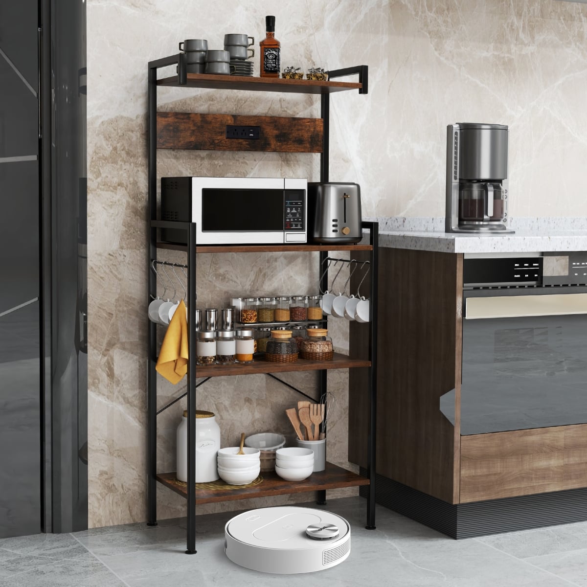 Picture of Costway JV12324US-CF 4-Tier Kitchen Bakers Rack with Power Outlet & 8 Hooks - Rustic Brown