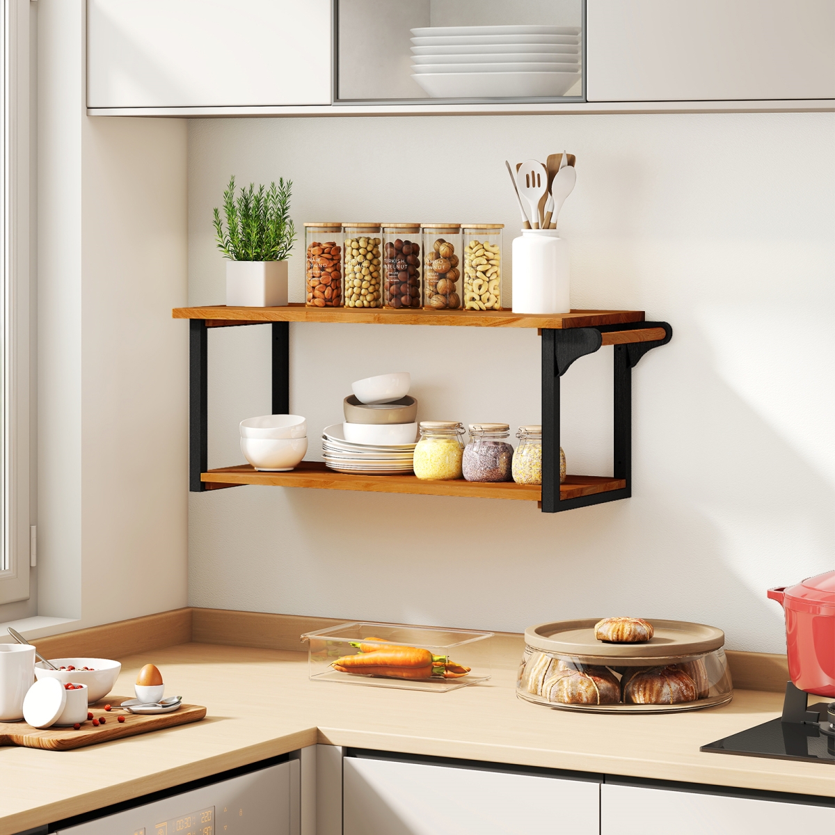 JV12380 Teak Wood Wall Mounted Floating Shelves with Towel Bar