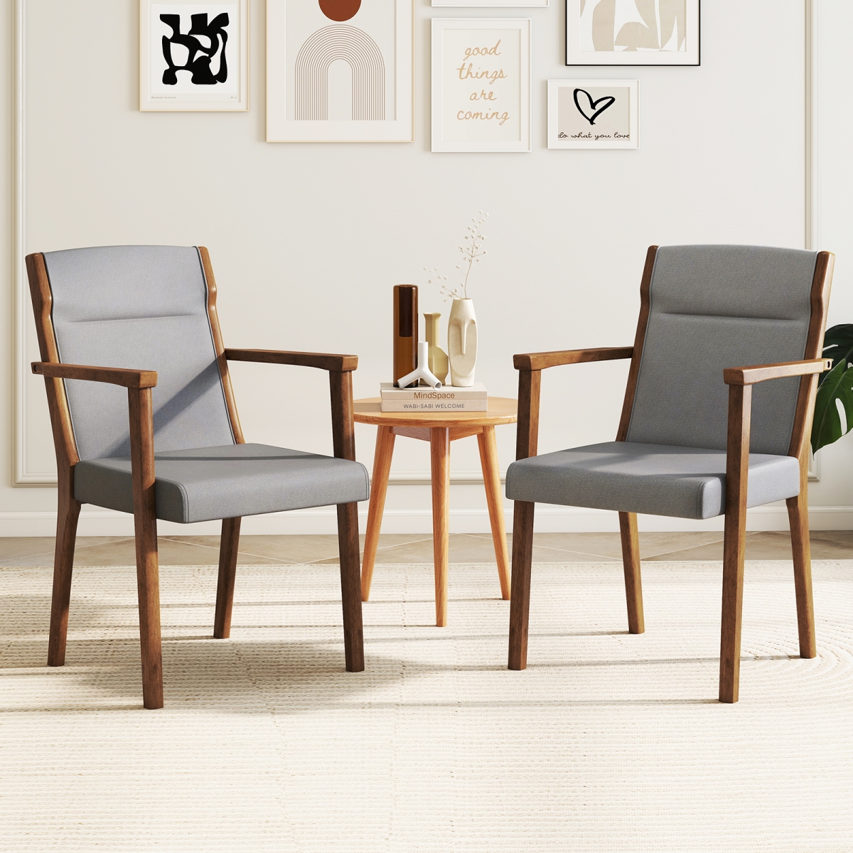 JV12388GR Upholstered Wooden Accent Chairs with High Back & Soft Cushion - Gray - Set of 2