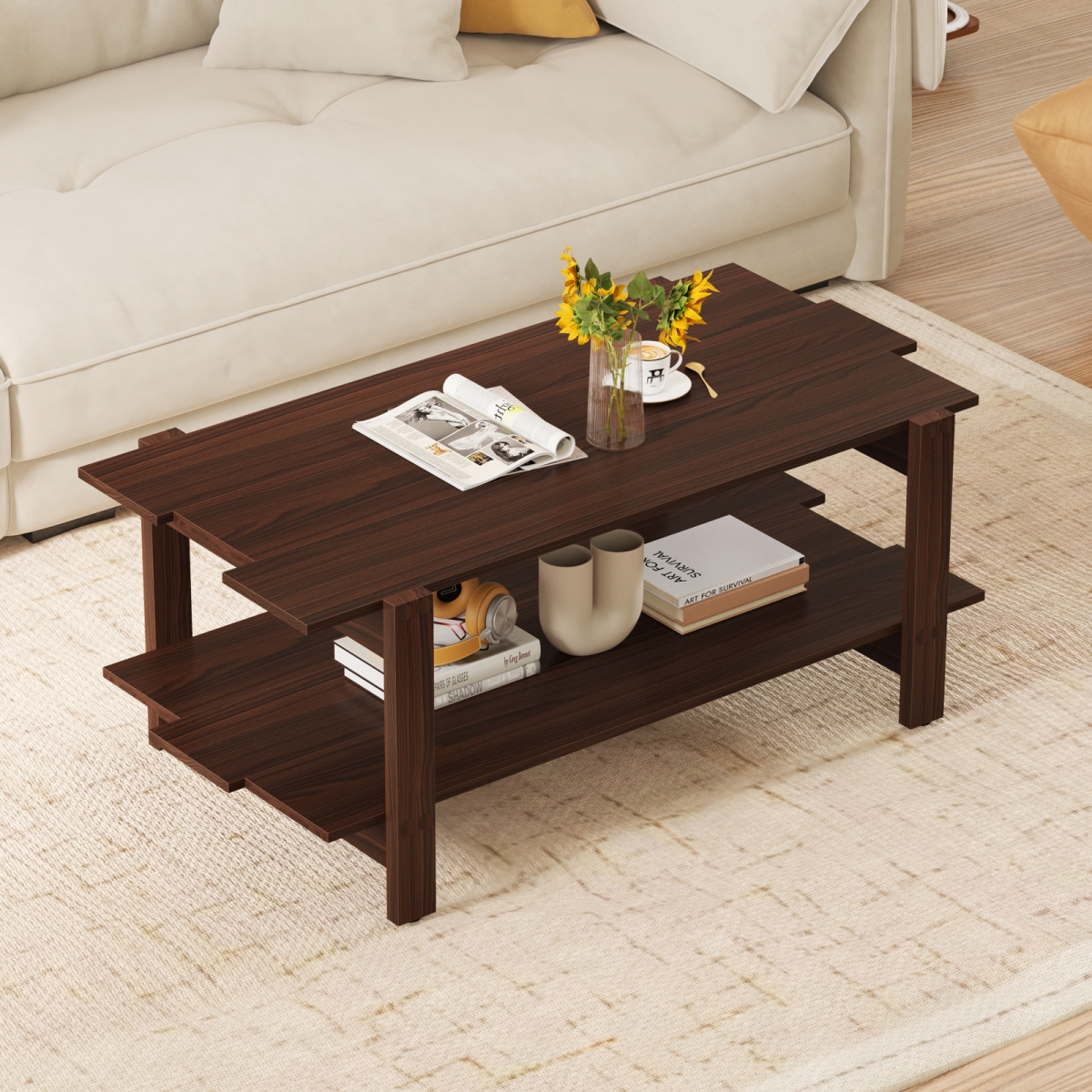 JV12564WT 2-Tier Coffee Table Slatted Wood Center Table with Storage Shelf - Walnut