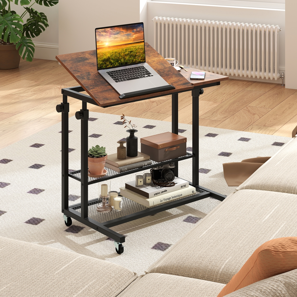 JV12635CF Mobile Stand up Desk Height Adjustable Standing Table with Tilting Tabletop - Rustic Brown