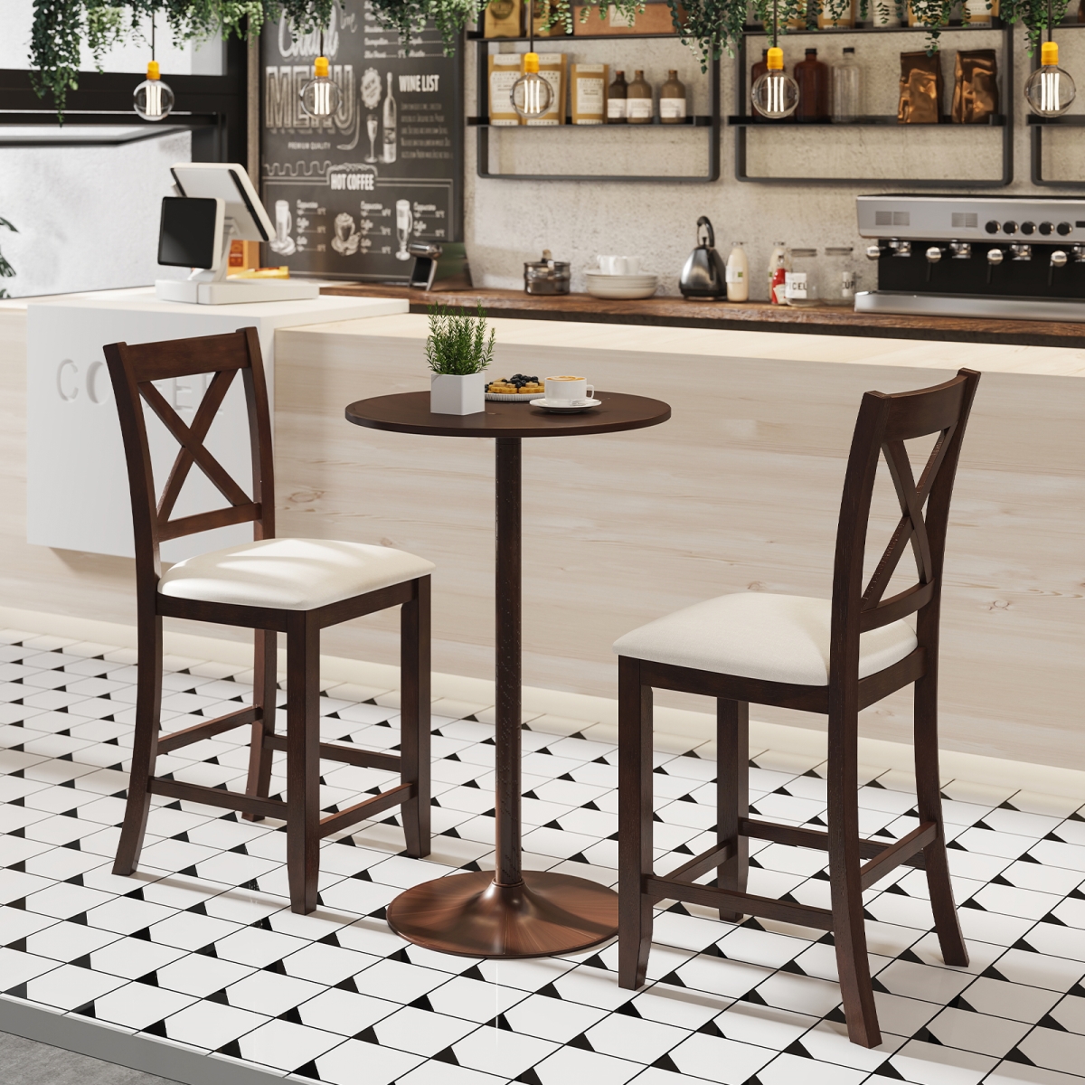 JV12665WT-2 Modern Farmhouse Counter Height Stools with Footrest & Cushion - Walnut