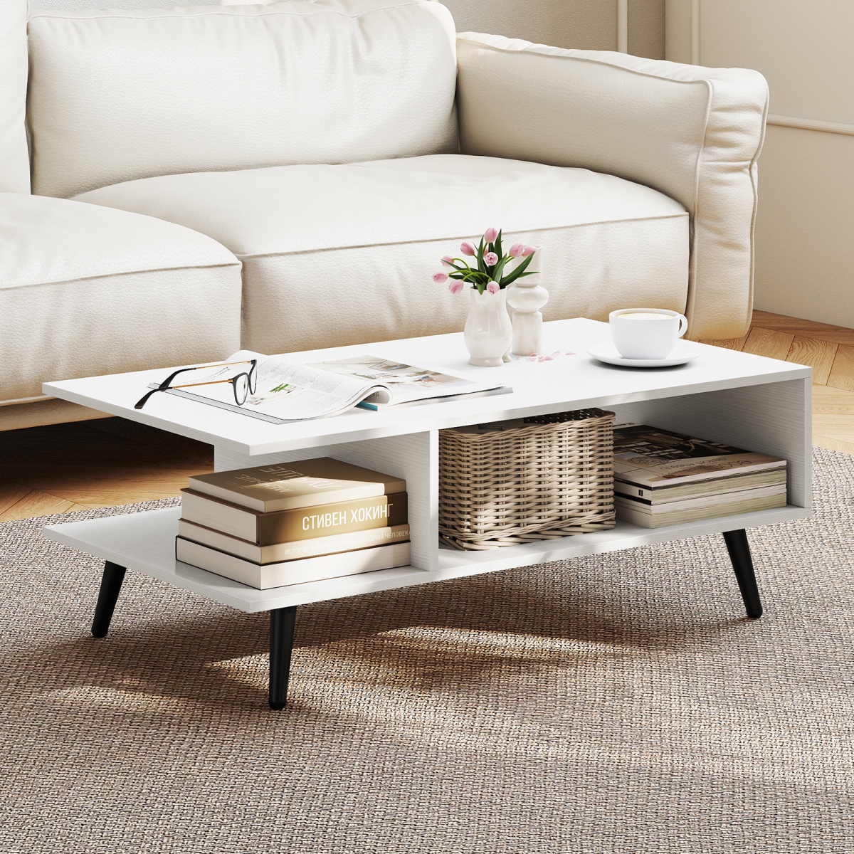 JV12686WH Mid Century Modern Rectangle Coffee Table 2-Tier Accent Table with 2 Open Compartments - White