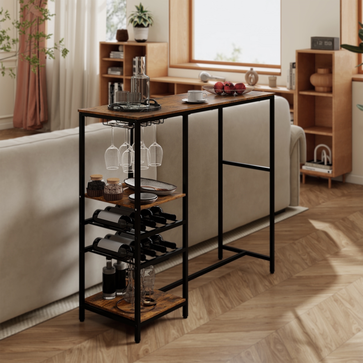 JV12745CF Long Bar Table Bar Height Dining Table with Storage Shelves - Rustic Brown
