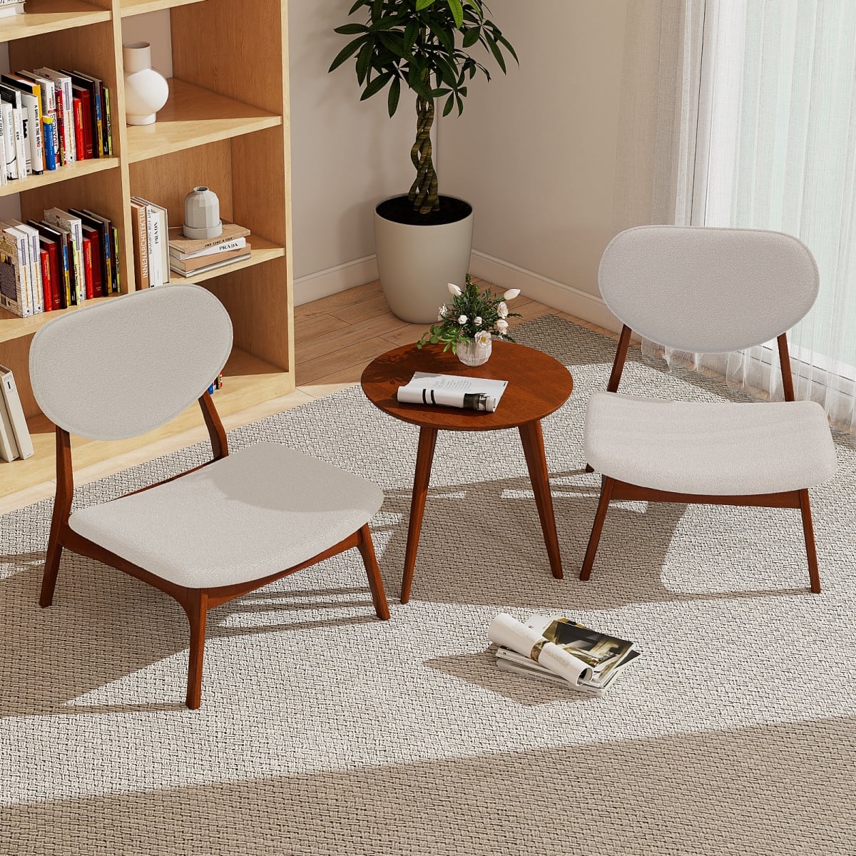 JV12884BE Accent Chairs with Side Table & Solid Wood Frame - Beige - Set of 2