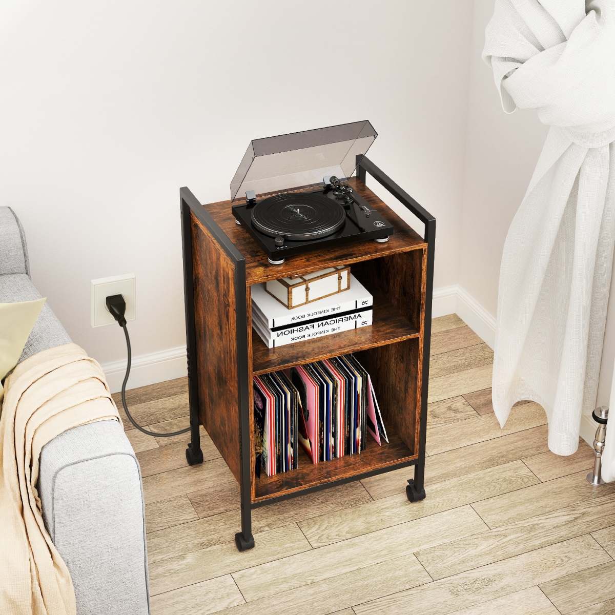 JZ10297US-CF Mobile Record Player Stand with Power Outlet - Rustic Brown