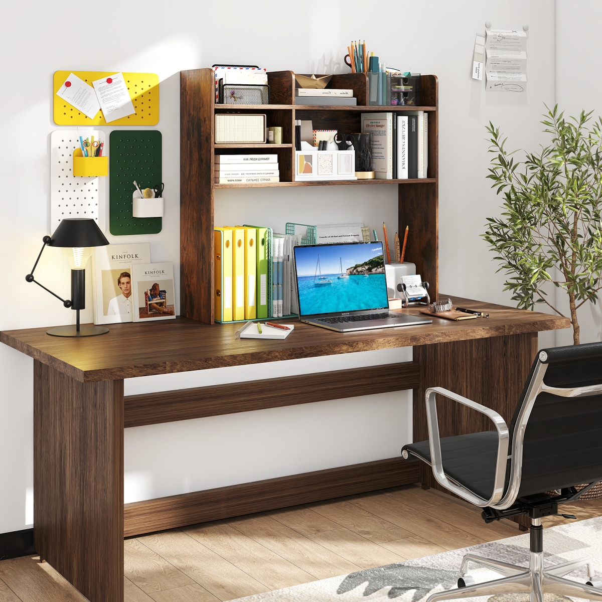 JZ10369CF Desktop Bookshelf Countertop Storage Hutch with 6 Shelves - Rustic Brown