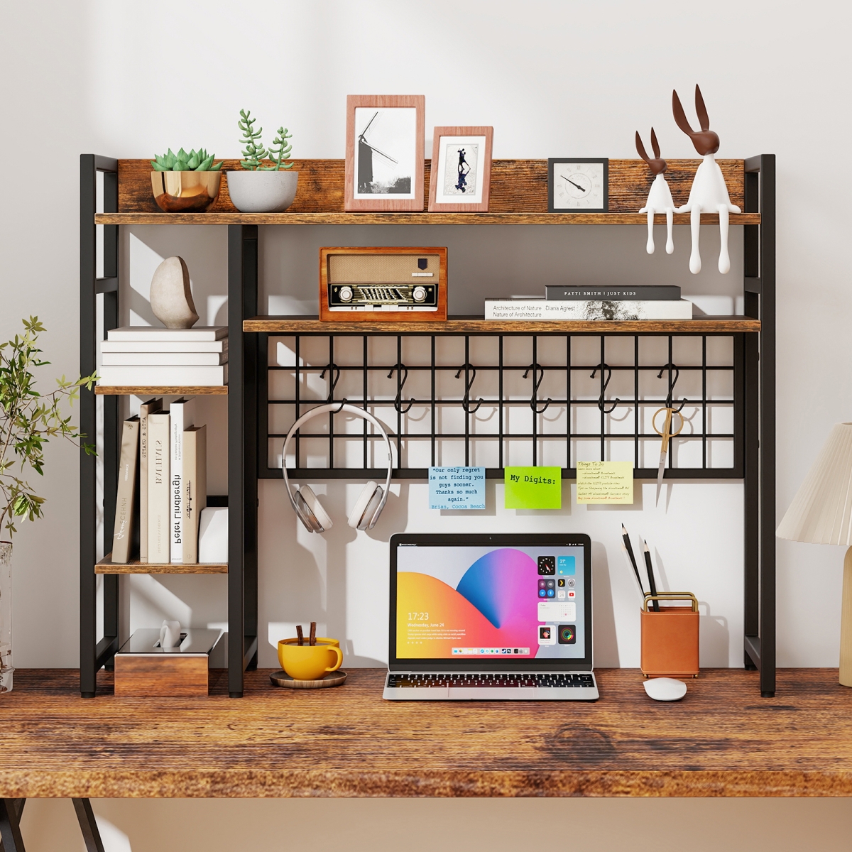 JZ10372CF 4-Tier Desk Shelf Desktop Display Rack with Metal Grid Panel & 6 Hooks - Rustic Brown