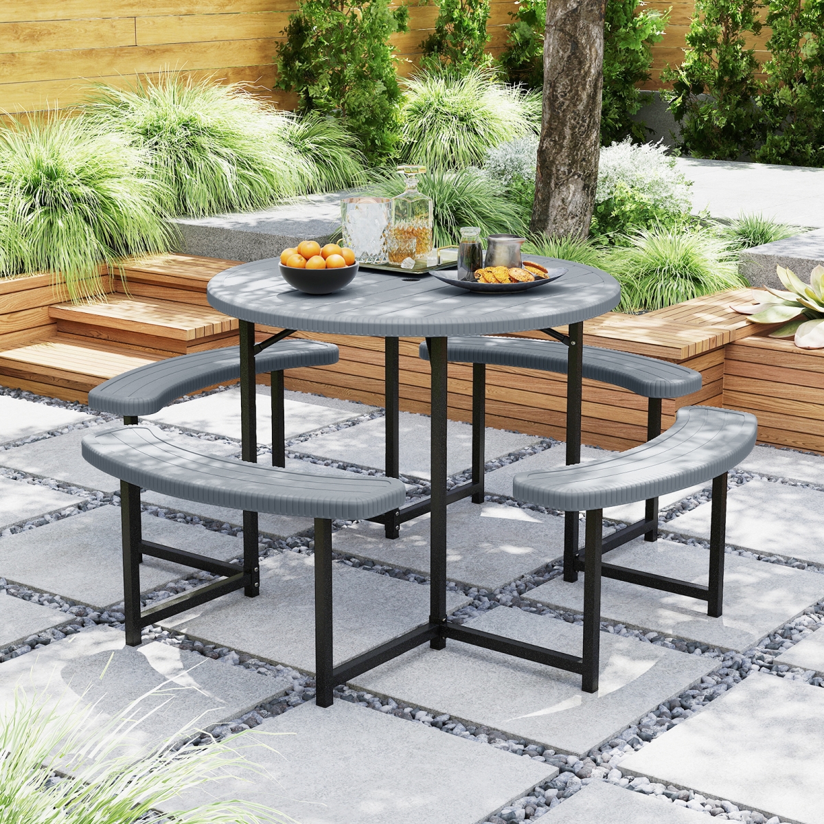 NP12107GR Round Picnic Table Bench Set with 4 Benches & Umbrella Hole for Patio Lawn - Gray
