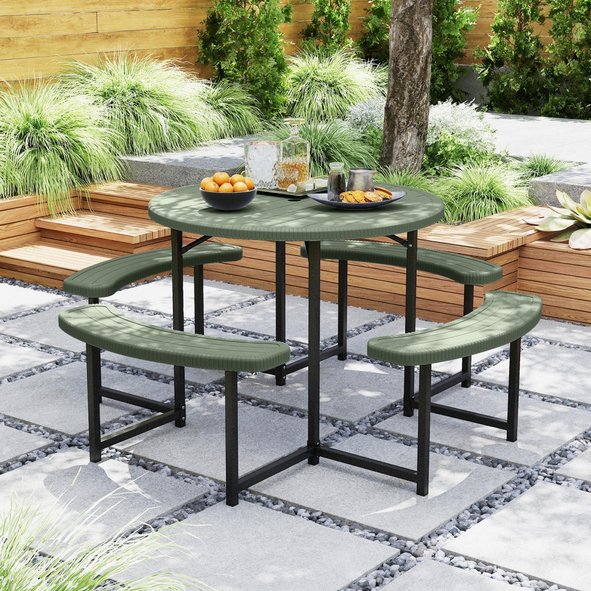 NP12107LS Round Picnic Table Bench Set with 4 Benches & Umbrella Hole for Patio Lawn - Green