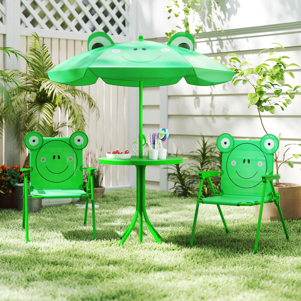 NP12144GN Kids Picnic Set with 2 Folding Chairs & Height Adjustable Umbrella - Green - 4 Piece