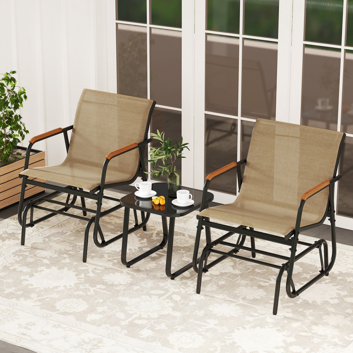 NP12174CF Outdoor Glider Bistro Set with Tempered Glass Top & Metal Frame - Coffee - 3 Piece