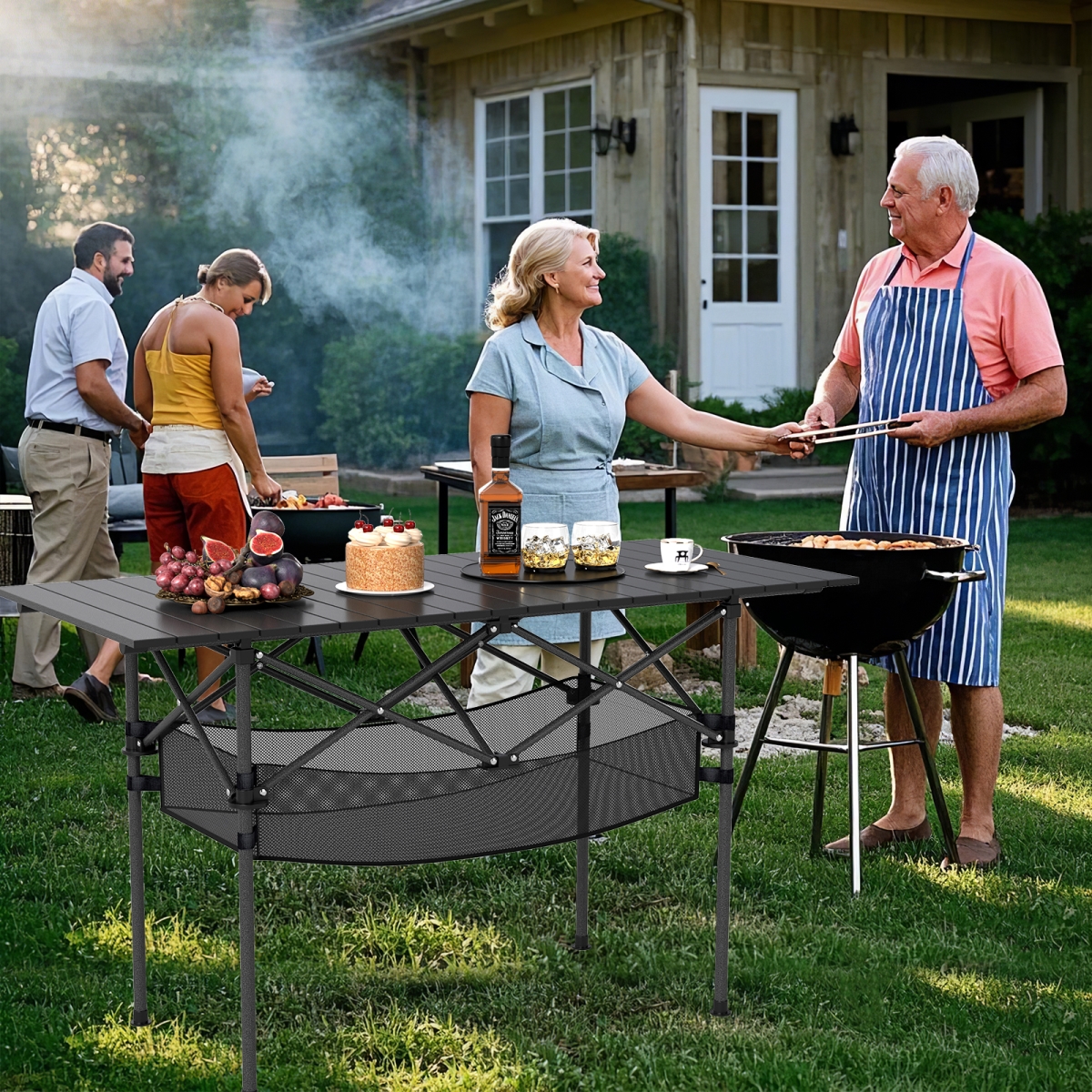 NP12348BK Patio Folding Camping Table with Roll-Up Tabletop & Mesh Basket - Black