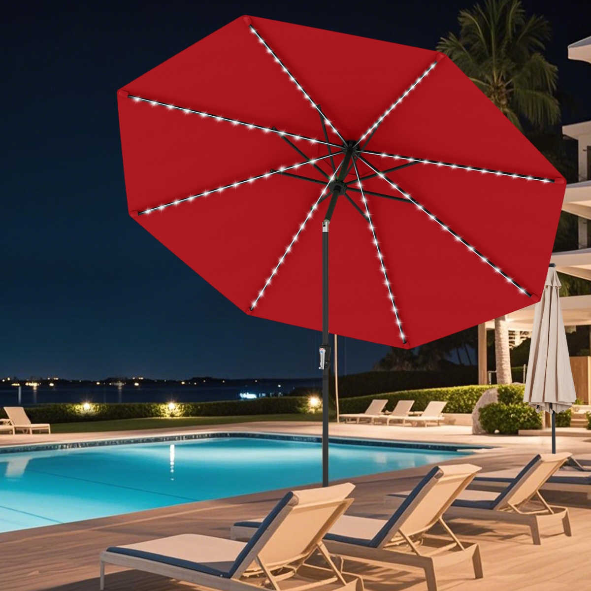 NP12388WN 10 ft. Solar Patio Umbrella with 96 Multi-Colored Flowing LED Lights & Tilt Adjustment - Red