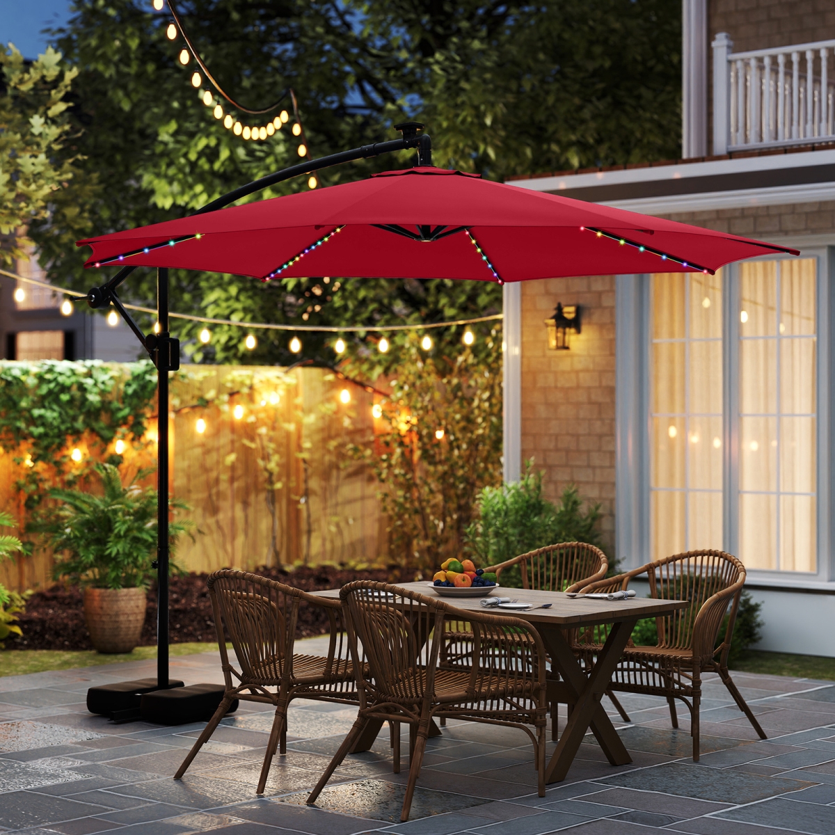 NP12389WN 10 ft. Solar Offset Hanging Umbrella with Base & LED Lights - Red