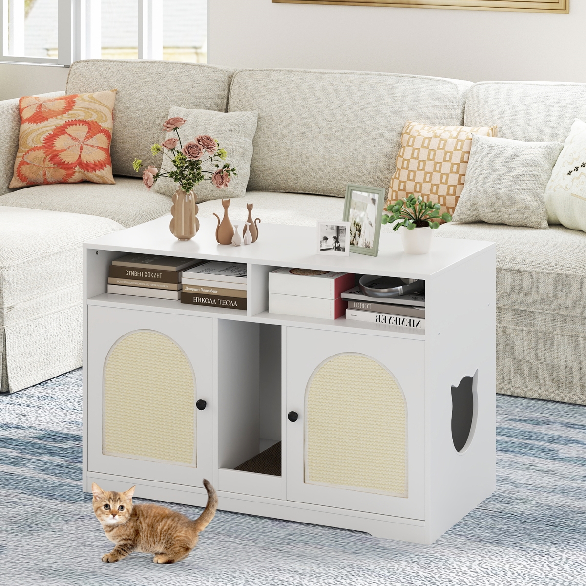 PV10231WH 43 in. Cat Litter Box Enclosure with Storage & Double Rooms - White