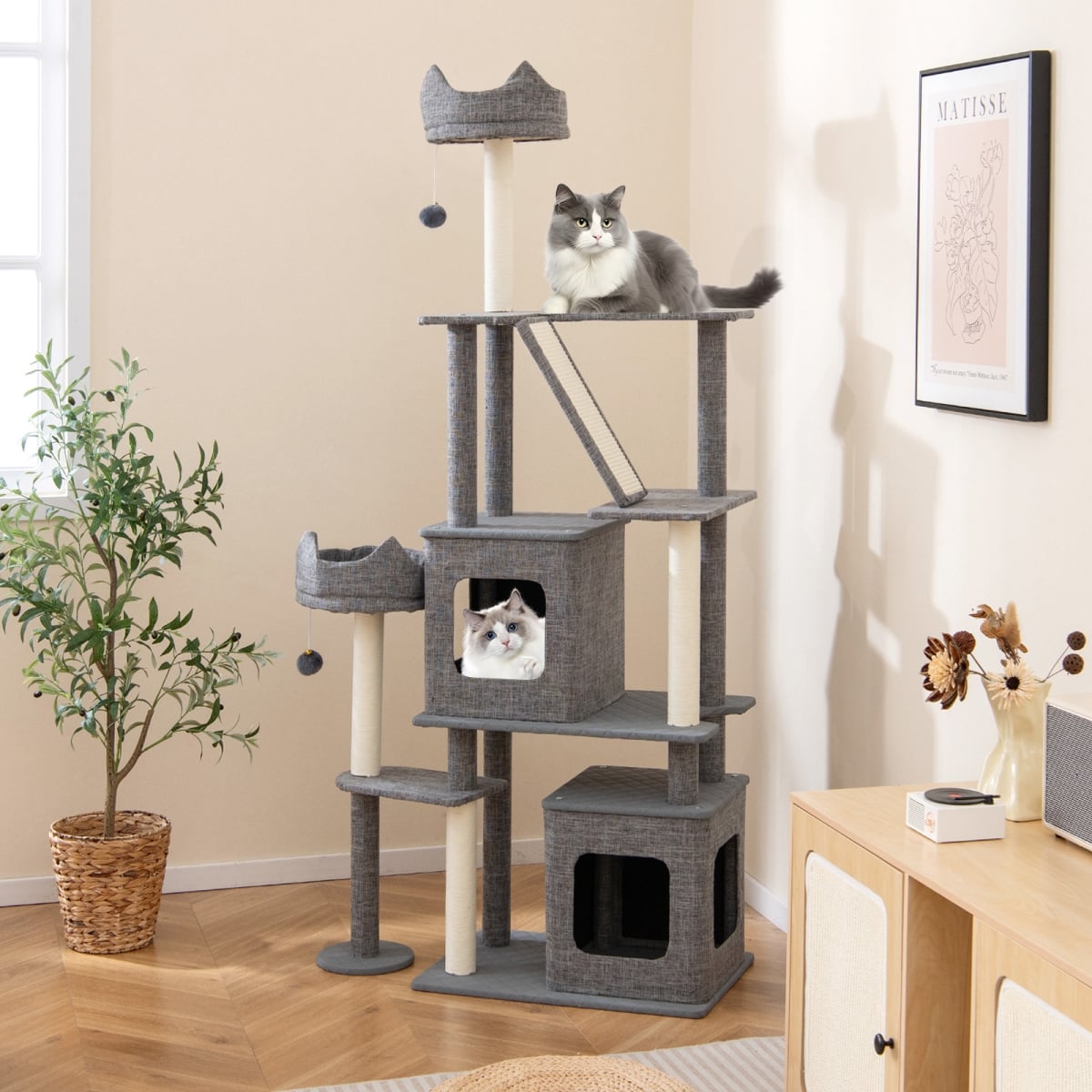 PV10315GR 71 in. Tall Cat Tree Multi-Level Large Cat Tower with Scratching Posts - Grey