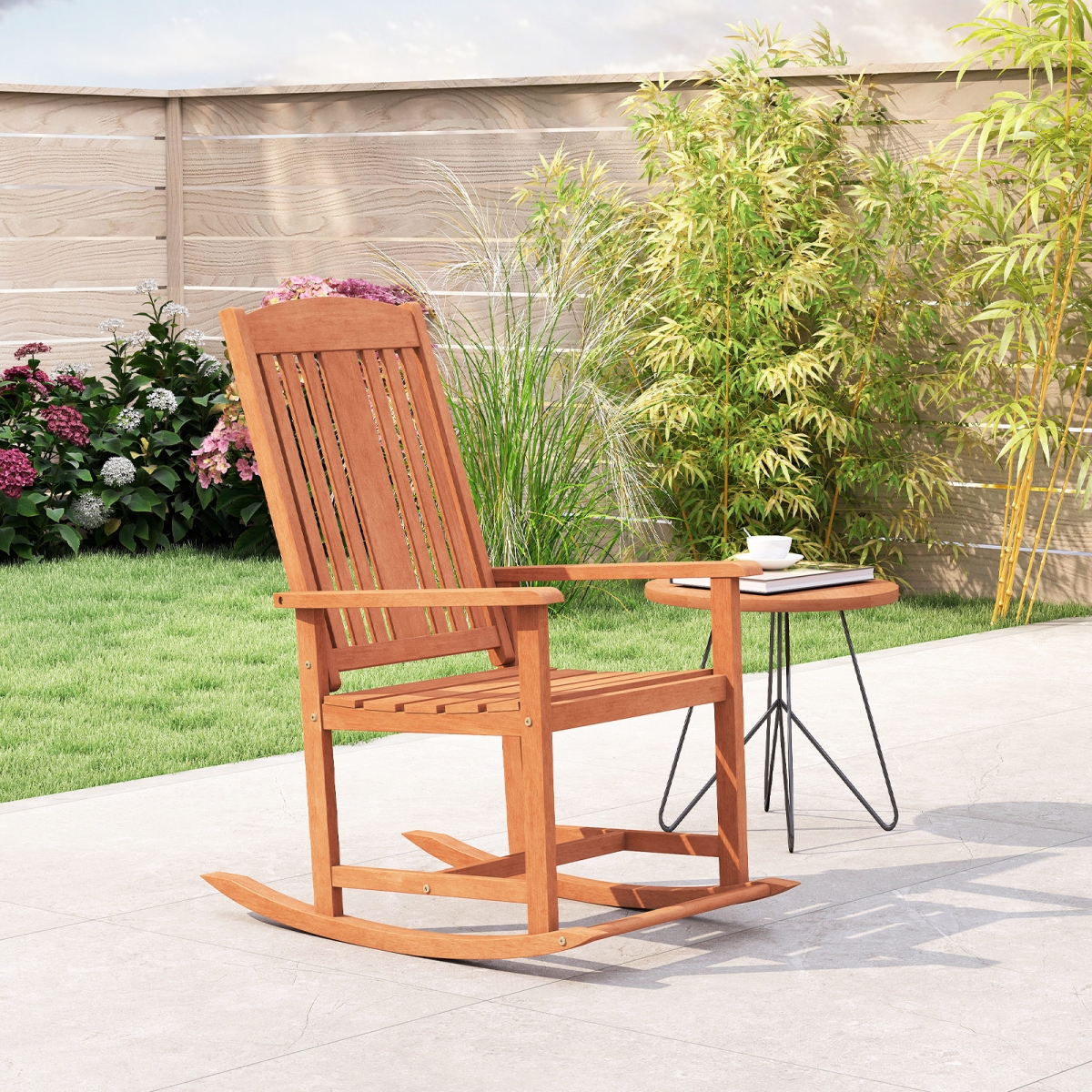 OP71361 Outdoor Rocking Chair Solid Wood High Back Rocker with Slatted Seat