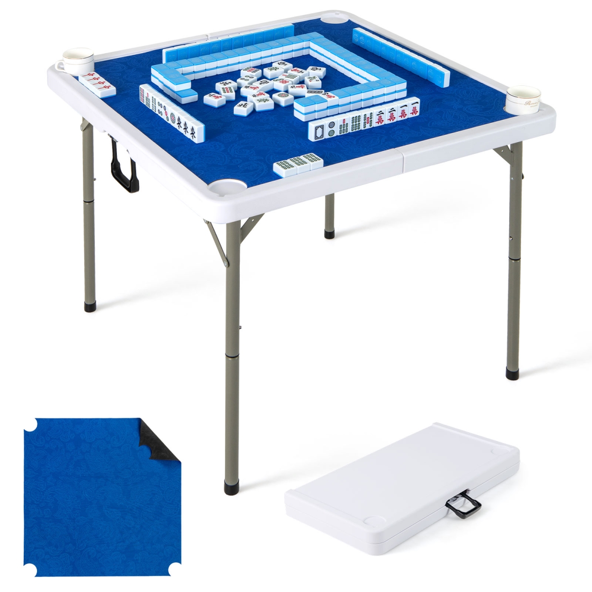 UY10170NY 35 in. 4 Player Game Card Folding Mahjong Table with Cup Holders - Navy