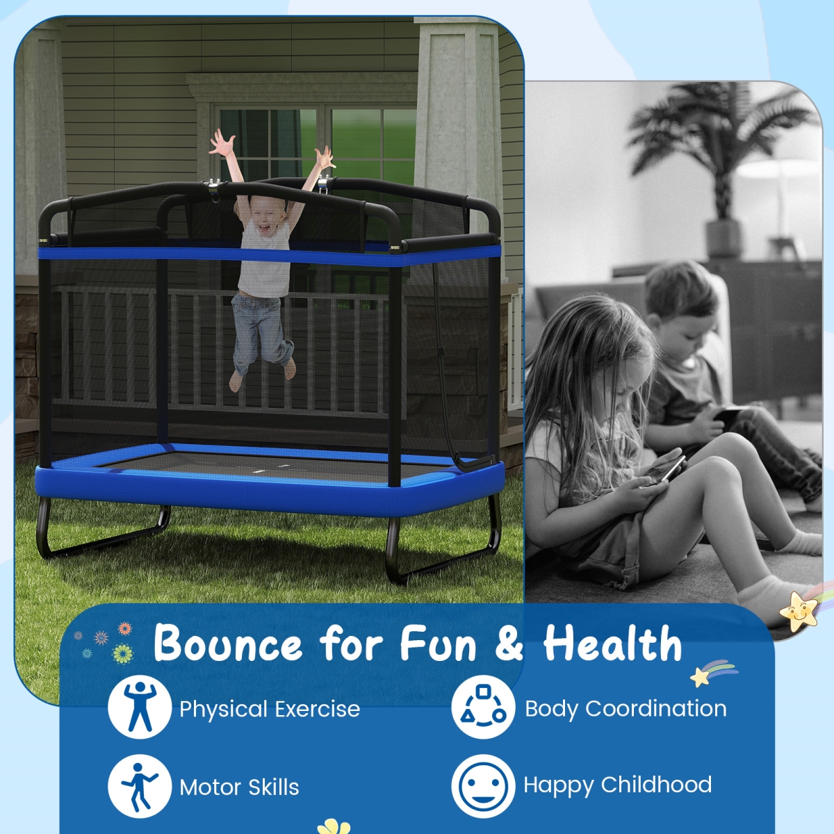 TW10120BL 6 ft. Kids Trampoline with Swing & Horizontal Bar Small Rectangle Trampoline - Blue