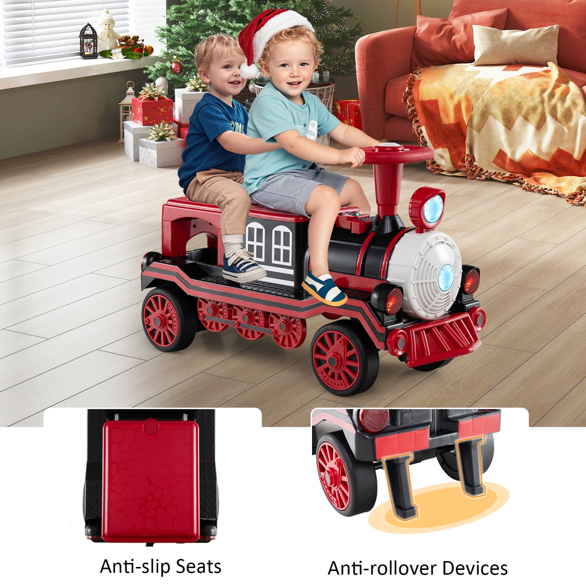 TQ10341US-RE 12V 2-Seater Ride on Toy with Train Whistle & Removable Chair - Red