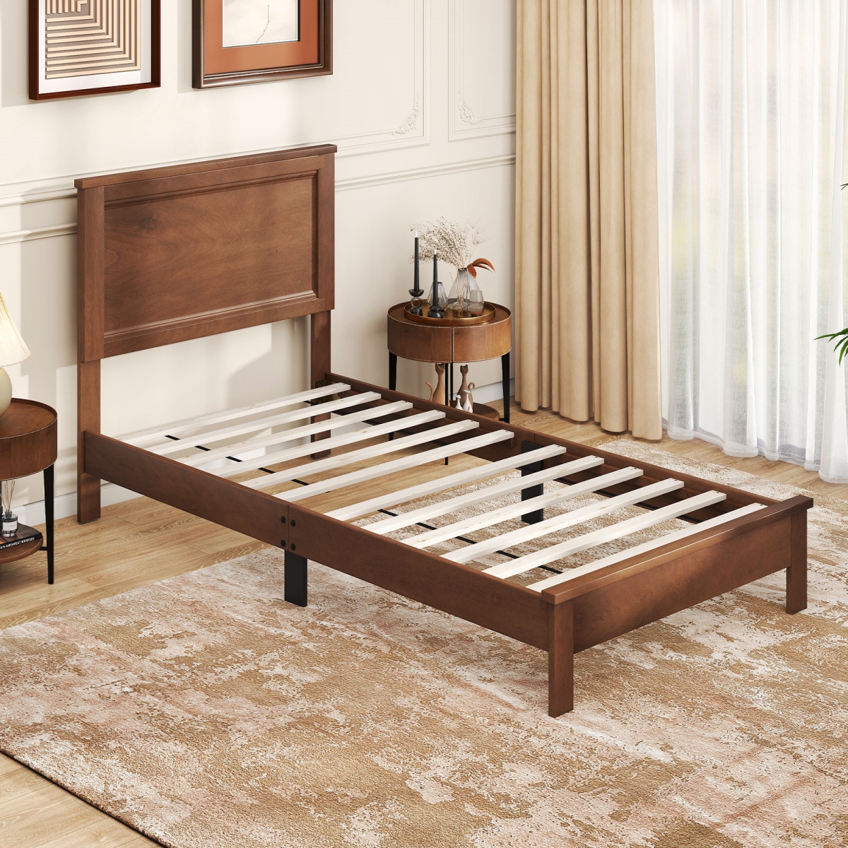 HU10900WN-T Twin Size Wooden Bed Frame with Headboard & Slat Support - Walnut
