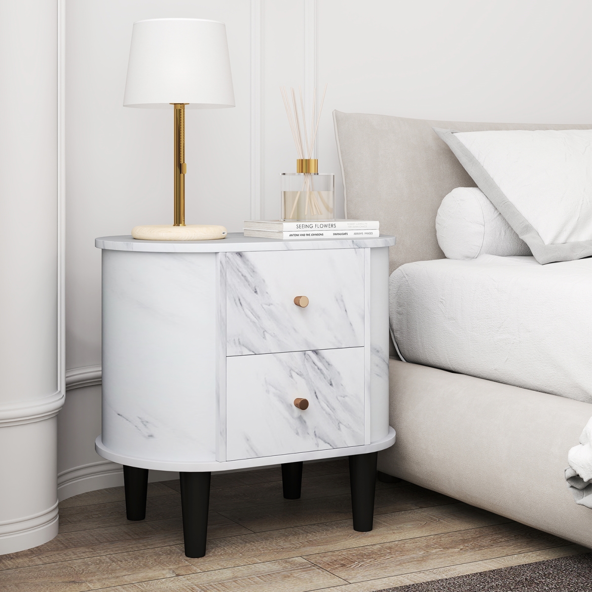 HU10960WH 2 Drawer Nightstand Modern Faux Marble Bedside Table with Storage - White