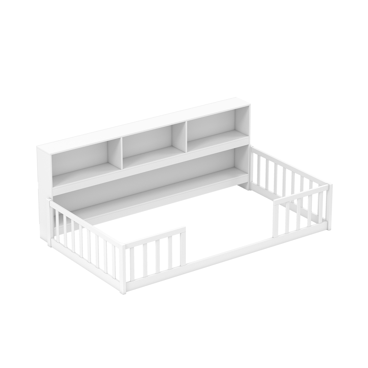 HU11132WH-T Twin Size Montessori Floor Bed with Bookcase - White