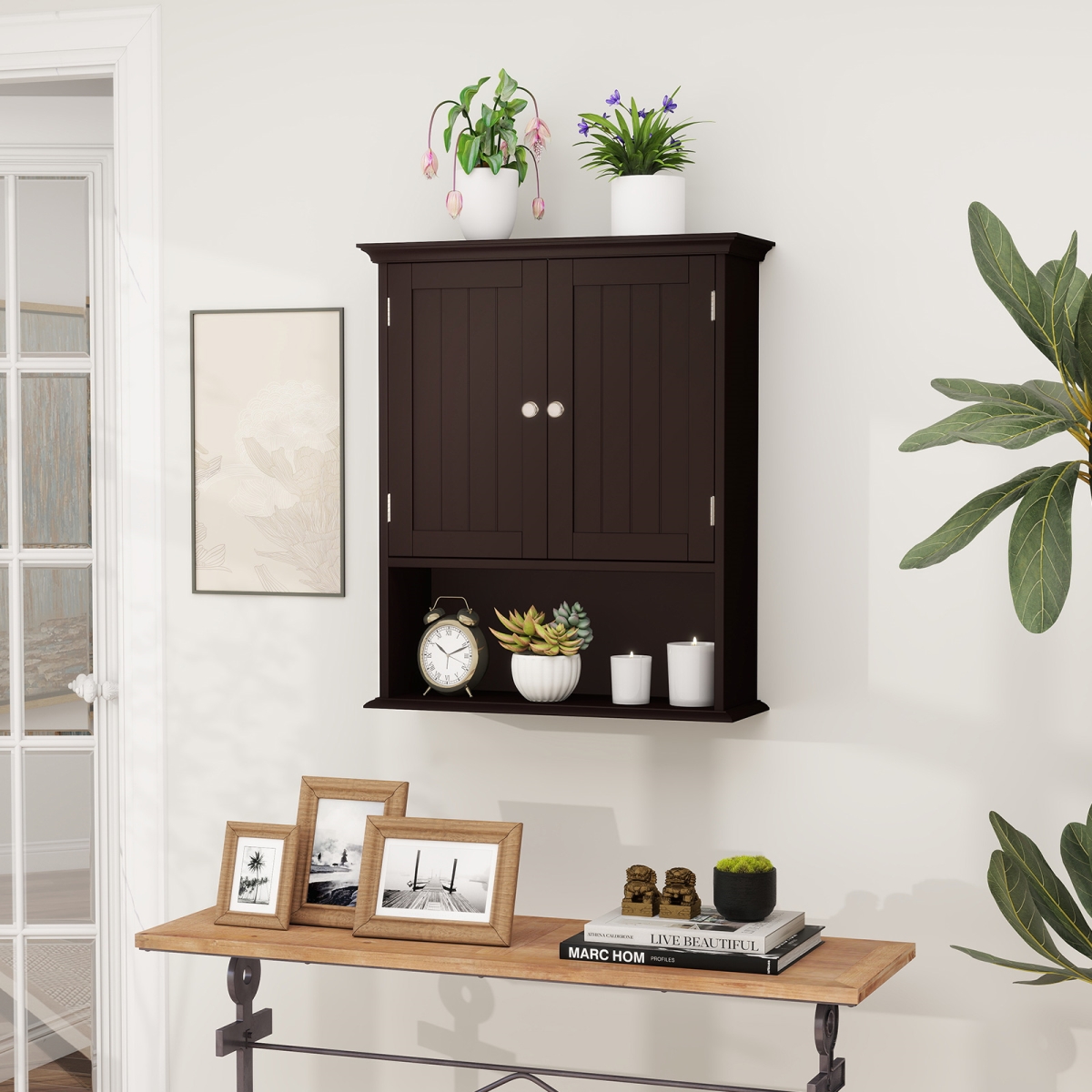 HW66689CF Wall Mount Bathroom Cabinet Storage Organizer with Doors & Shelves - Brown