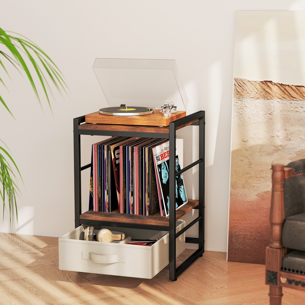 JV11828CF Nightstand Industrial Bedside Table with Open Storage Shelf & Fabric Drawer - Rustic Brown