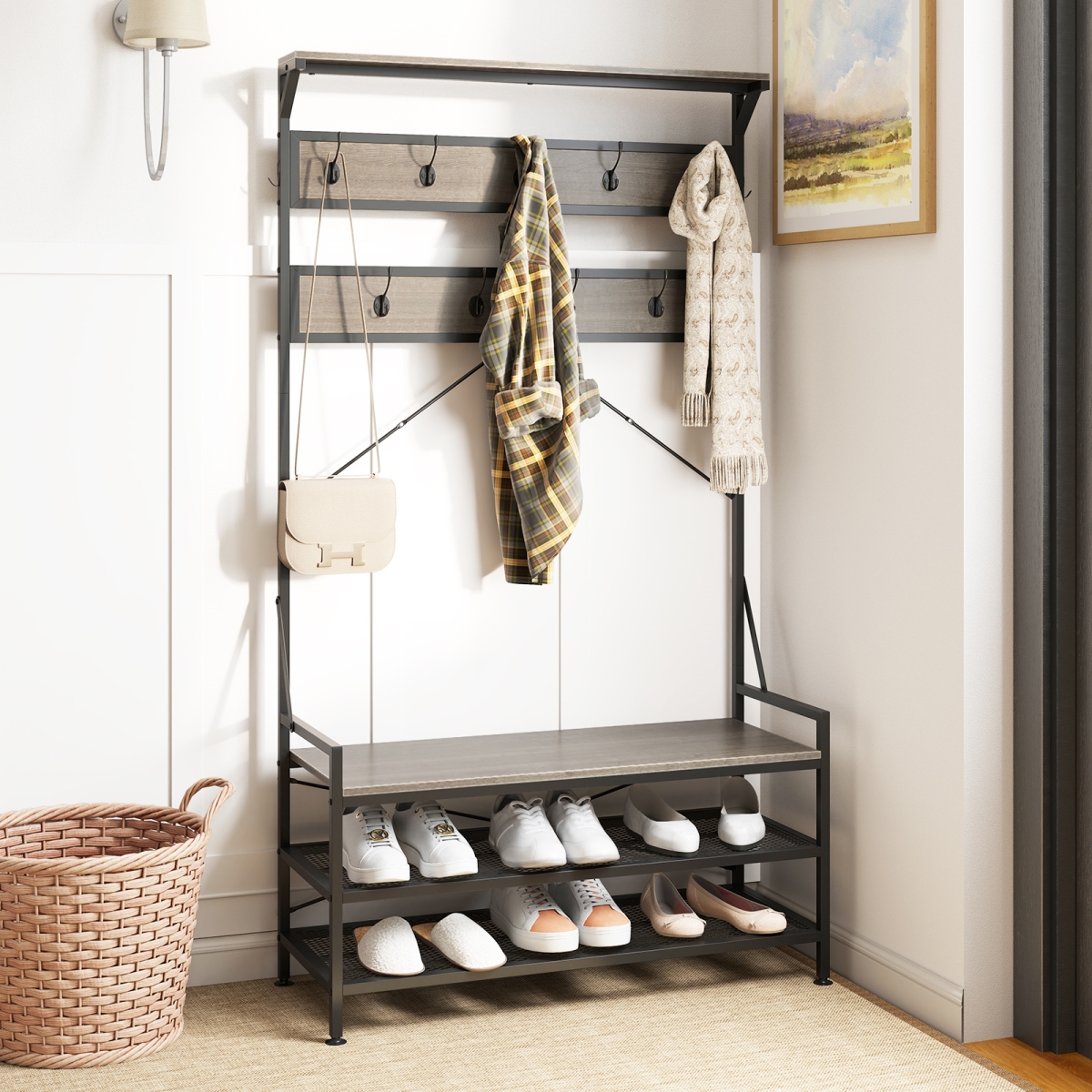JV12021GR Coat Rack 4-In-1 Hall Tree with 11 Hanging Hooks Shoe Bench - Gray