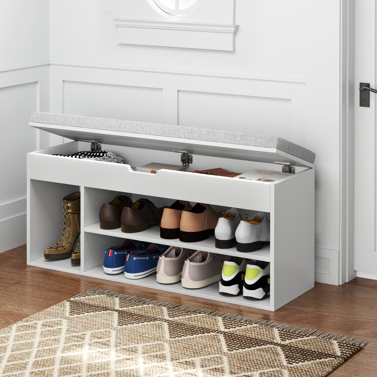 JV12089WH Padded Seat Shoe Bench with Hidden Storage & 3 Open Shelves - White
