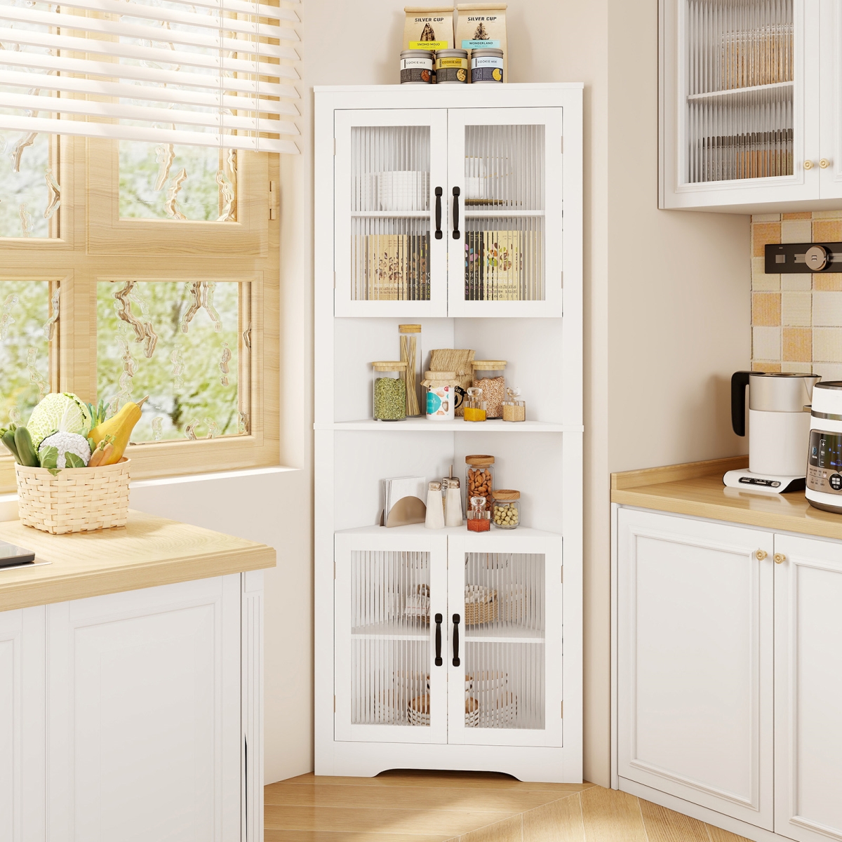 JV12319WH- 67 in. Tall Corner Triangular Buffet Cabinet with Tempered Glass Doors - White