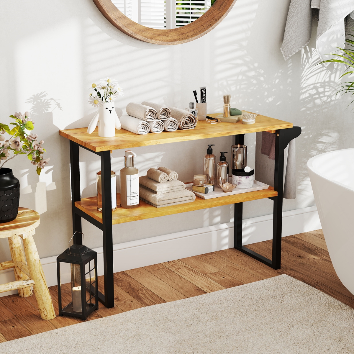 JV12379 2-Tier Solid Teak Wood Bathroom Shelf with Towel Rack