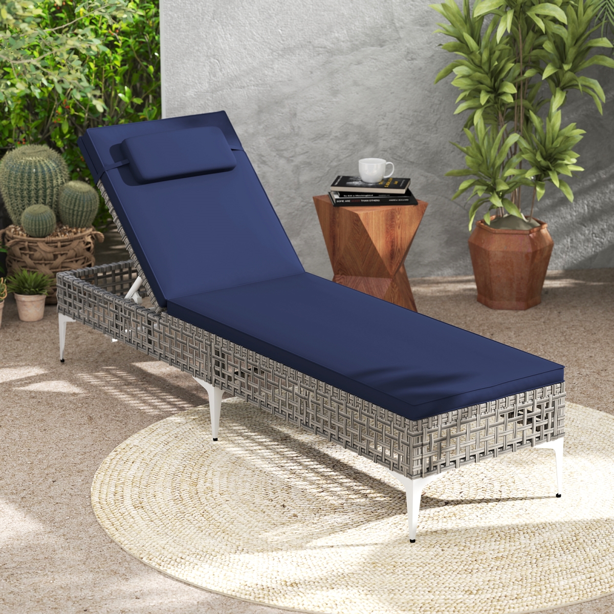 HW74071NY-1 Patio Chaise Lounge Chair with 6-Level Adjustable Backrest & Headrest for Poolside - Navy