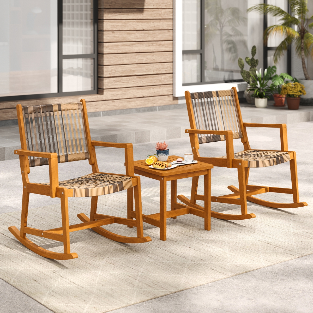 HW74211 Patio Rocking Set with Acacia Wood Rocker Bistro Set with Rattan Seat & Back - 3 Piece